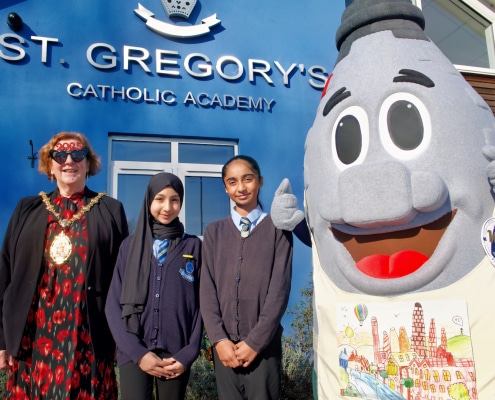 Lord-Mayor-Lyn-Sharpe-St-Gregorys-School-Kelvin-the-Kiln-centenary-Mascot-2025