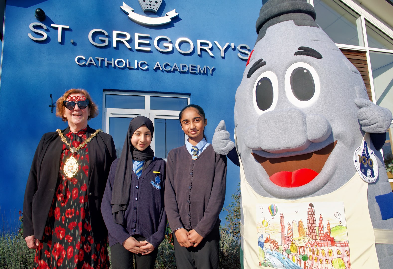 Lord-Mayor-Lyn-Sharpe-St-Gregorys-School-Kelvin-the-Kiln-centenary-Mascot-2025